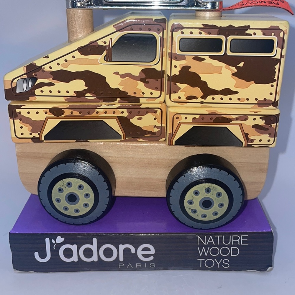 NEW J'Adore Army Car Yellow Vintage Stackable Natural Wood Car